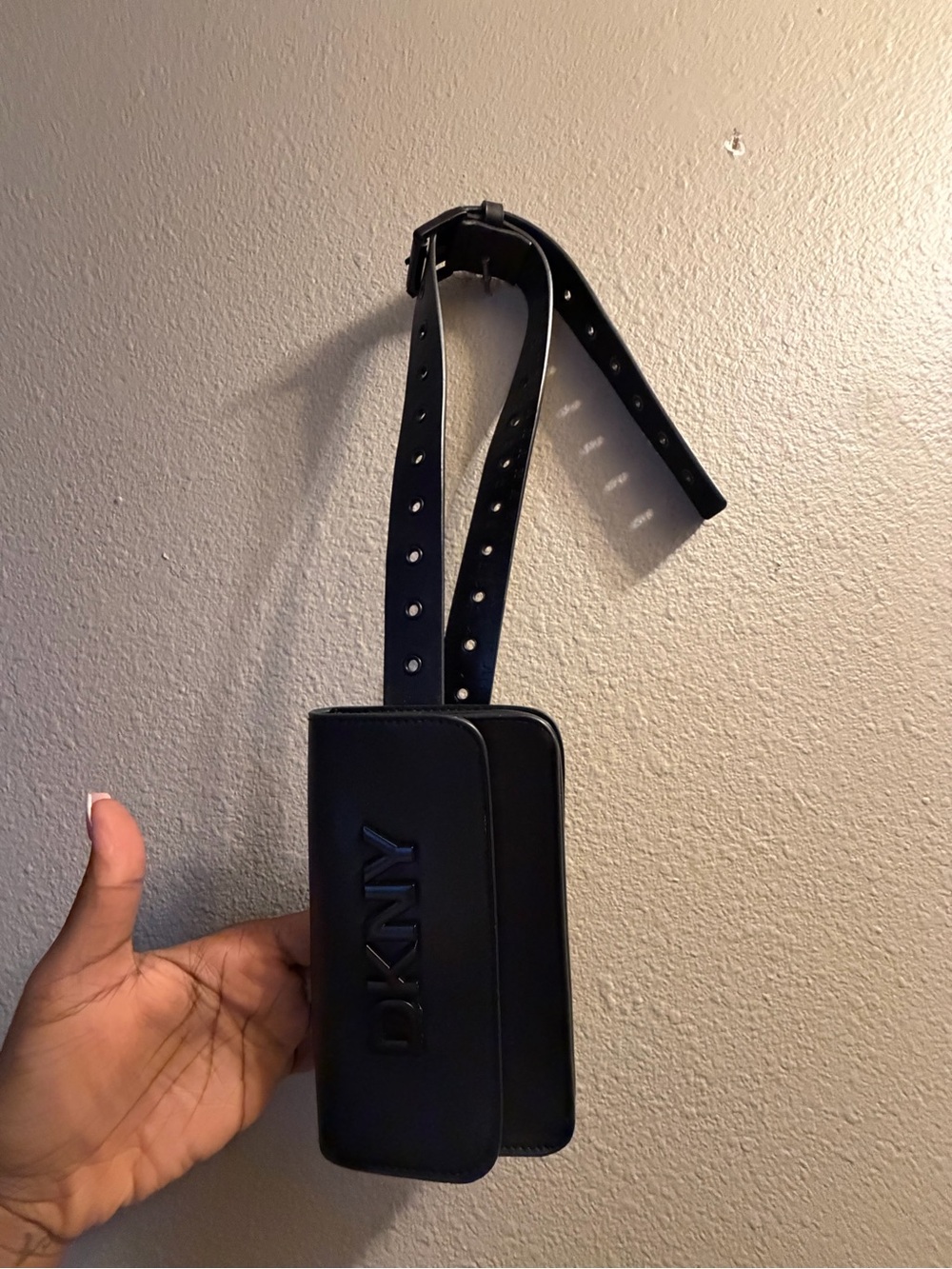 Dkny Black Leather Crossbody Card & Key Holder with Studded Strap